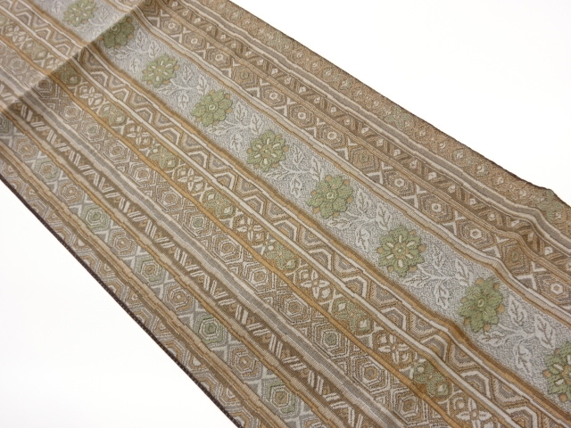 JAPANESE KIMONO / NAGOYA OBI / SILK / WOVEN STRIPE & GEOMETRIC PATTERN & FLOWERS & LEAVES